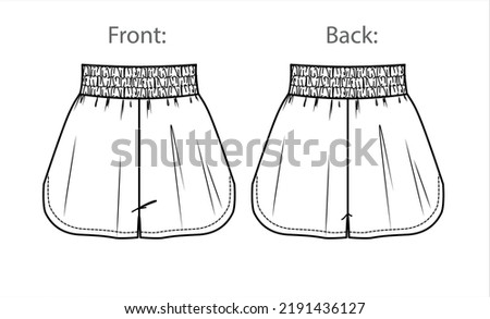 Fashion technical sketch of women shorts in vector graphic. Women shorts with elasticized waistband flat, sketch, template, fashion illustration. Jersey or woven fabric short, front, back view, white Royalty-Free Stock Photo #2191436127