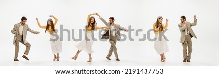 Collage. Portraits of cheerful young couple in stylish retro costumes dancing, having fun isolated over white studio background. Concept of vintage fashion, activity, art, music, party, creativity