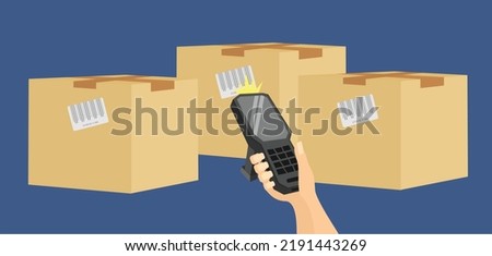 Handheld data collection terminal in hand scans barcodes on a box in a warehouse, inventory control, barcode scanner, qr codes, isolated Laser scanner of a data collection terminal on white background
