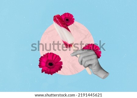 Banner collage of hand hold icecream isolated on drawing teal color background