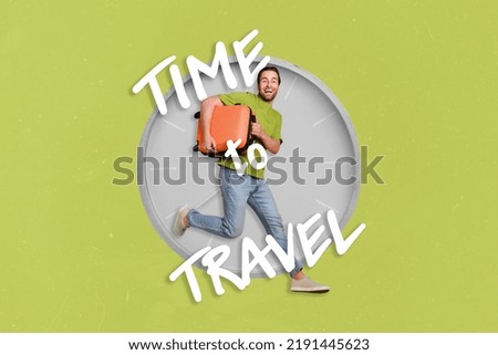 Banner collage of man hold bag isolated on drawing green color background
