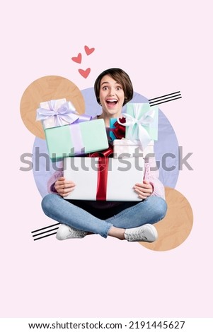 Vertical poster collage of lady hold gifts isolated on drawing beige color background