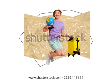 Creative 3d photo artwork graphics painting of funny funky guy thinking travel destination isolated drawing background