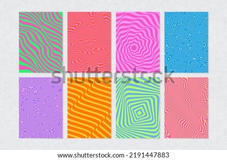Collection of Y2K backgrounds. Neon acid textures with optical illusion, Liquify Lines effect. Creative waves and abstract stripes.	 Royalty-Free Stock Photo #2191447883