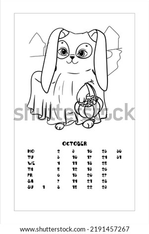 Little bunny in a ghost costume. Sweets trip. Halloween. Coloring book for children. Vector illustration isolated on white background. Calendar, October 2023.