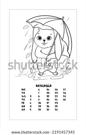 A little rabbit walks in the rain. Hare with an umbrella. Coloring book for children. Vector illustration isolated on white background. Calendar, November 2023.