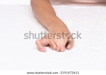 Women with disability , white background isolated. Woman hands show gesture look 