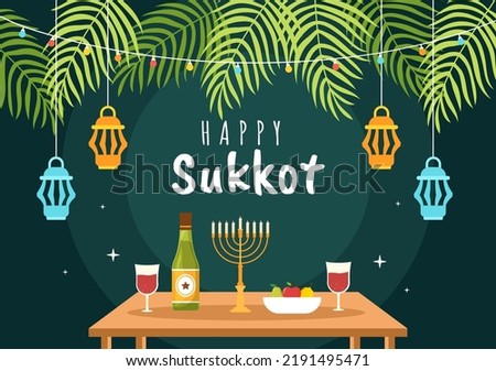 Happy Jewish Holiday Sukkot Hand Drawn Cartoon Flat Illustration with sukkah, etrog, lulav, Arava, Hadas and Decoration Background Design Royalty-Free Stock Photo #2191495471