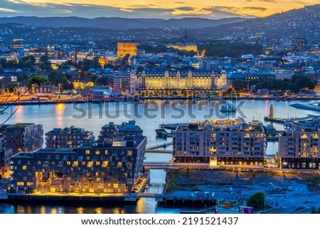View over Oslo in Norway with the Oslo Fjord after sunset Royalty-Free Stock Photo #2191521437