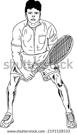 Tennis player cartoon drawing, Tennis player man in stylish pose line art vector silhouette, Sketch drawing of Tennis game, Tennis sport clip art