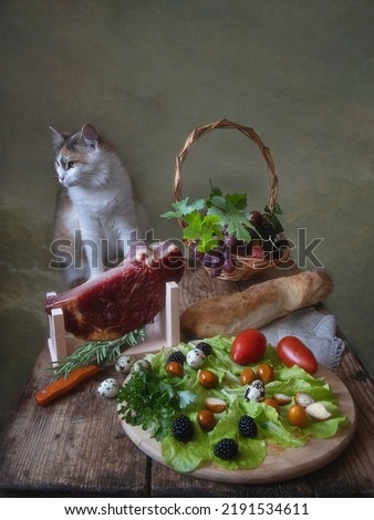 Still life with Ham and curious cute kitty