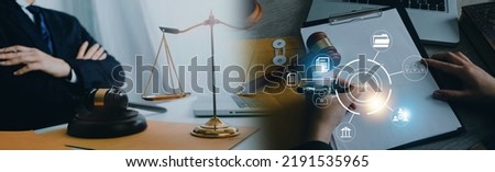 Justice and law concept. Gavel on sounding block in hand's Male judge at a courtroom, working with document law books, report the case on table in modern office.