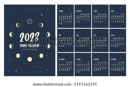 Calendar with all the moon phases foreseen during the year 2023. Poster in vector format. One month per sheet. Isolated icons: can be used independently. Southern Hemisphere Calendar. Royalty-Free Stock Photo #2191562145