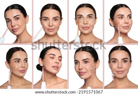 Collage with photos of young woman using high frequency darsonval device on white background