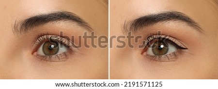 Collage with photos of young woman before and after getting permanent eyeliner makeup, closeup. Banner design Royalty-Free Stock Photo #2191571125
