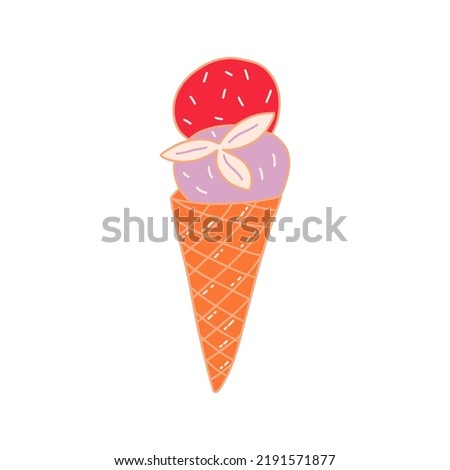 Two scoops ice cream in cone-shaped waffle cup with mint leaves. Colorful vector isolated doodle illustration. Delicious summer dessert. Hand drawn contour clip art