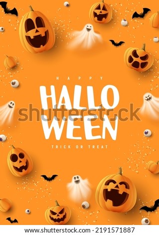 Happy Halloween holiday poster. Orange festive banner with 3d spooky pumpkins, candy eyes, paper bats, ghosts and confetti. Vector illustration. Happy Halloween holiday banner.