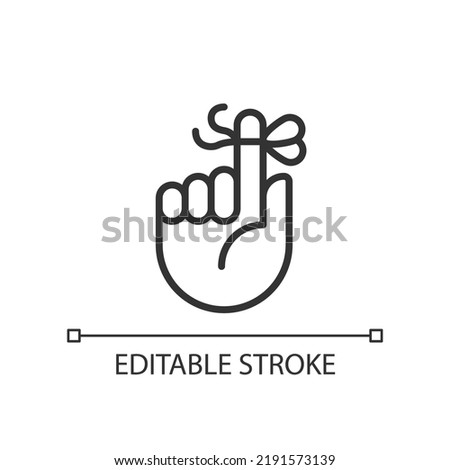 Knot on finger for memory pixel perfect linear icon. Rope tied around pointer. Hand gesture. Thin line illustration. Contour symbol. Vector outline drawing. Editable stroke. Arial font used Royalty-Free Stock Photo #2191573139