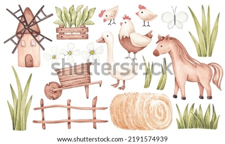 Set of illustrations hand drawn by watercolour. Isolated on white background. Farm animals and objects - hen, goose, horse, grass, plants, butterfly, mill, hay. Cute kids design in cartoon style