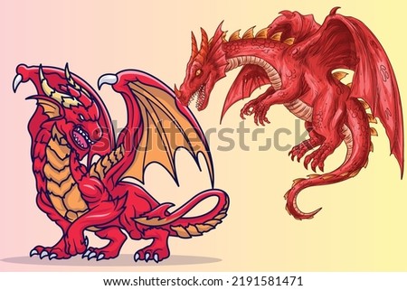 Two angry dragons cartoon. Vector clip art illustration. Fairy tale dragons, magic creature with tail and wings.   