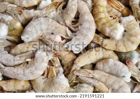 Raw frozen king prawns in a shell without a head, close-up. Catch, preparation seafood for export. Shrimp background.