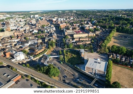 High Angle Drone's View of Luton City Center and Railway Station, Luton England. Luton is town and borough with unitary authority status, in the ceremonial county of Bedfordshire; 