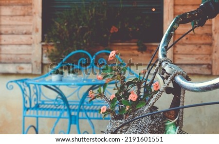 Vintage Retro Bike Woven Bag Flowers Background Window Plant Blue Bench and Table (Toned Photo)