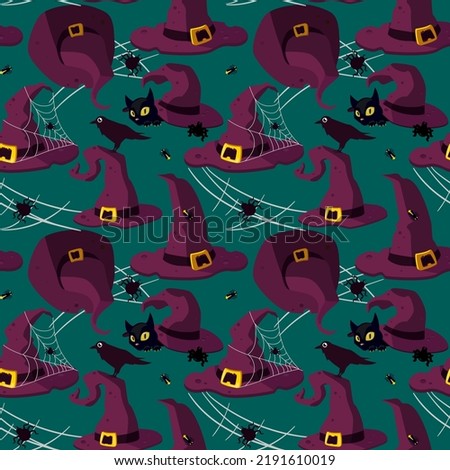 Seamless pattern of "Witch hats with details". Blue background for Halloween. Witch hats with cobwebs, spiders, crows, cats, fireflies. Wrapping paper, fashionable fabrics, prints, patterns.