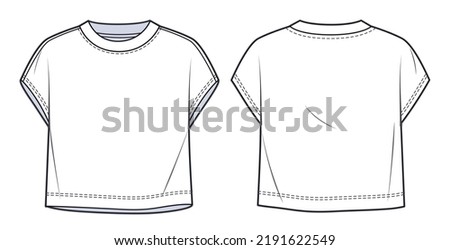 Overfit Cropped Tee Shirt fashion flat tehnical drawing template. Unisex Crop T-Shirt, Crop Top fashion CAD mockup,   sleeveless, front, back view, white color.