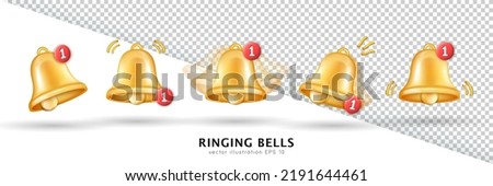 Collection of 5 different ringing bells with red notification buttons isolated on white and transparent background. Alarmclock, attention, alert, signal, new message, new subscriber, reminder 3d icons Royalty-Free Stock Photo #2191644461