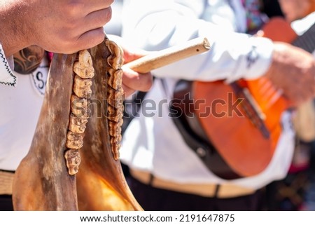 Close-up of a rare musical instrument made from the jawbone of an animal. Colombian musical culture. Playing a strange instrument. Royalty-Free Stock Photo #2191647875