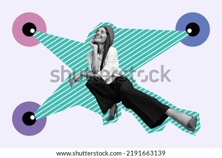Collage picture of positive pretty girl black white colors big painted eyes watching spy isolated on drawing background