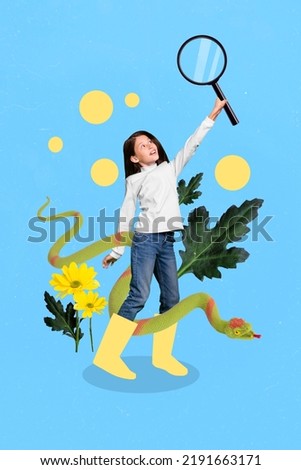 Vertical collage picture of happy positive girl hand hold big magnifier loupe painted boots snake flowers isolated on blue background