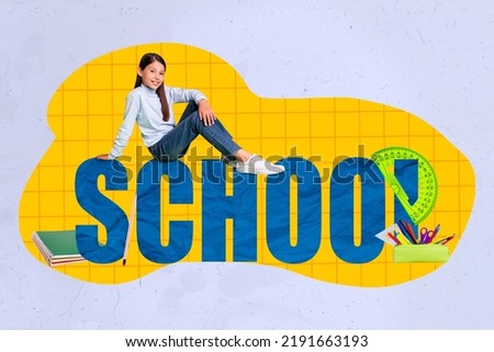 Poster collage of little girl sit on school wear casual cloth isolated on painting light color background