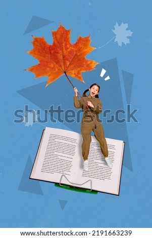 Vertical collage picture of crazy small girl hands hold huge maple leaf fly opened book isolated on creative background