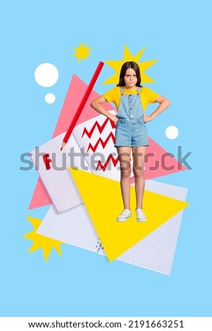 Vertical collage image of unsatisfied negative small girl put hands waist receive low F grade isolated on drawing background