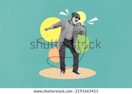 Placard collage of old man sing isolated on painting blue color background Royalty-Free Stock Photo #2191663455