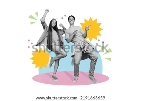 Photo artwork minimal picture of happy smiling guy lady having fun colorful dance hall isolated drawing background