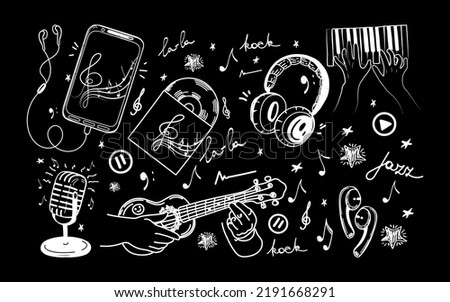 Set of hand-drawn musical elements in sketch style. Guitar, piano. Headphones, microphones, CDs, audio, vinyl, violin key with notes and recording icons. Vector illustration on black background.