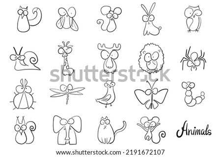 Set of vector animals. Doodle style. Various animals drawn by line.