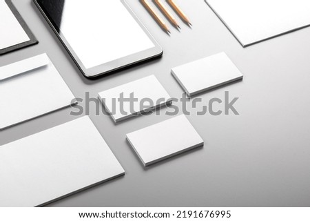 Photo. Template for branding identity. For graphic designers presentations and portfolios. Identity Mock-up isolated on gray and white background. Identity set mock-up. Photo mock up. Royalty-Free Stock Photo #2191676995