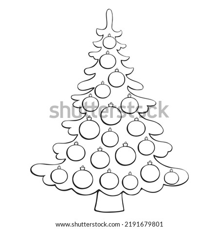 Vector contour Christmas tree decorated with xmas balls. Template for children creativity, application, coloring book