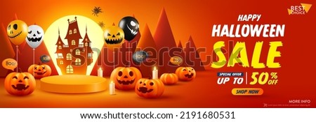 Halloween Sale Promotion Poster template with Product display stage. Halloween pumpkins and Ghost Balloons with moon ligt and castle silhouette background. Website spooky or banner template Royalty-Free Stock Photo #2191680531