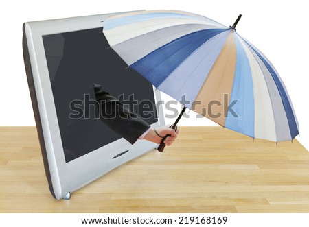 weather forecast - arm with striped umbrella leans out TV screen isolated on white background