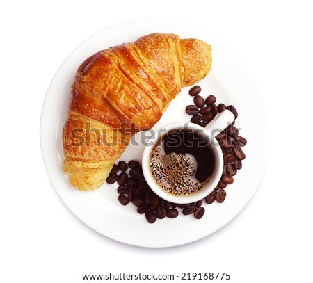 Fresh croissant with cup of hot coffee on white background Royalty-Free Stock Photo #219168775