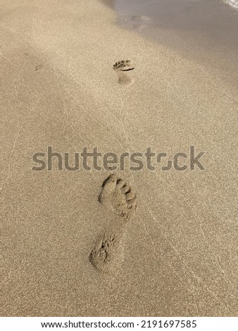 Footprints on the sand. Close view. Sunny weather. Wet sand. The sea. Summer picture, holiday and travel.