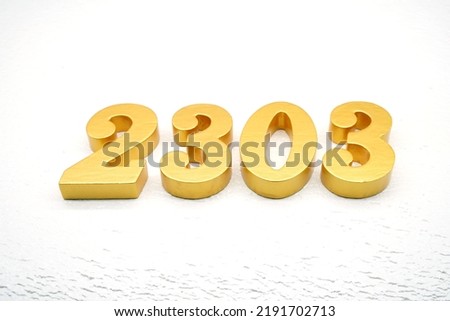  Number 2303 is made of gold painted teak, 1 cm thick, laid on a white painted aerated brick floor, visualized in 3D.                               