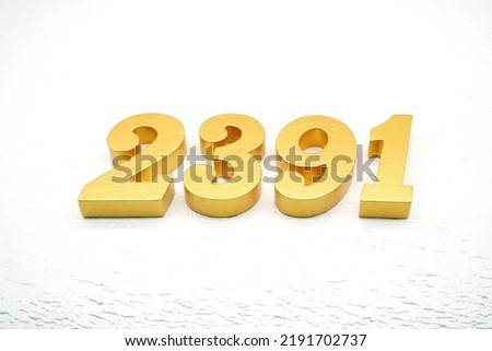  Number 2391 is made of gold painted teak, 1 cm thick, laid on a white painted aerated brick floor, visualized in 3D.                                      