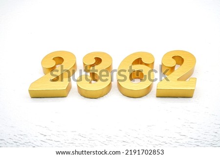  Number 2362 is made of gold painted teak, 1 cm thick, laid on a white painted aerated brick floor, visualized in 3D.                                   