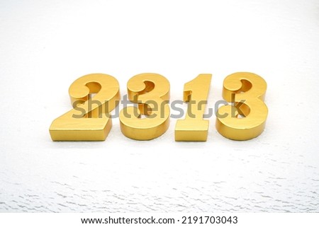   Number 2313 is made of gold painted teak, 1 cm thick, laid on a white painted aerated brick floor, visualized in 3D.                               